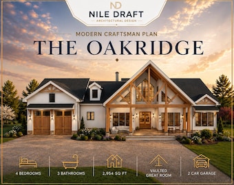 Moderner Hausplan im Craftsman-Stil | 4 Schlafzimmer, 3 Bäder + Büro | 1-geschossiges Haus | 274 m² Wohnfläche | PDF-, DWG- und Revit-Dateien | The Oakridge