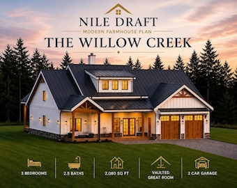 Moderner Landhausplan | The Willow Creek | 3 Schlafzimmer, 2,5 Bäder | 193 m² Wohnfläche | Doppelgarage | PDF-Baupläne | AutoCAD DWG | Revit-Modell