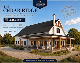 Grundriss für ein Ranchhaus mit 3 Schlafzimmern, 213 m², Garage für 3 Autos, PDF-, DWG- und Revit-Dateien