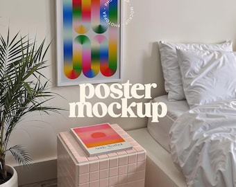 Bedroom White Frame Poster Mockup for Wall Art (PSD, JPG)