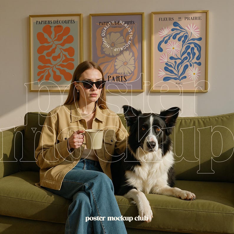 Pu&ograve; includere: Una donna con occhiali da sole e una giacca marrone &egrave; seduta su un divano verde con un border collie bianco e nero. Tre poster incorniciati con motivi floreali sono appesi al muro dietro di loro. I poster sono intitolati "Papiers Decoup&eacute;s", "Papiers Derigit&eacute;s" e "Fleurs de Prairie".