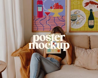 Poster Mockup With Person, Woman With Poster, Artwork Frame Mockup, Multiple Frame Mockup PSD, Three Poster Mockup, The Poster Club, DIN A4