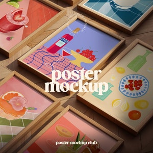 May include: A mockup of various posters with different designs, including a glass of red wine, a bottle of Campari, a bowl of cherries, and a floral design. The posters are framed in wood and are arranged on a wooden surface. The text "poster mockup" is written in large, bold letters on the bottom of the image.