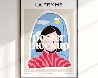 May include: A poster mockup with the text "LA FEMME" and "poster mockup" in a colorful, abstract design. The poster features a woman with a pink and white striped shirt, a blue sky with clouds, and a yellow sun.