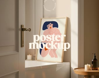 Bathroom Frame Poster Mockup for Wall Art (PSD, JPG)
