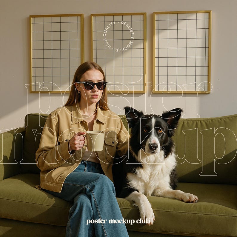 Pu&ograve; includere: Una donna con occhiali da sole e una giacca marrone &egrave; seduta su un divano verde con un cane bianco e nero. Tiene in mano una tazza bianca. Ci sono due poster incorniciati sul muro dietro di loro.