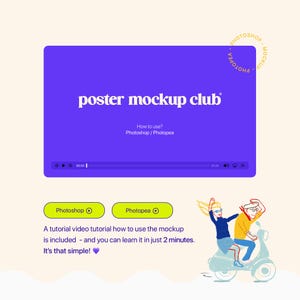 Peut inclure: Publicit&eacute; pour "poster mockup club" avec un &eacute;cran vid&eacute;o violet et le texte "How to use? Photoshop/Photopea." Deux boutons verts en dessous indiquent "Photoshop" et "Photopea." Un couple de dessins anim&eacute;s fait de la moto.