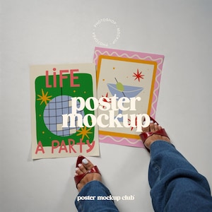 May include: Two colourful posters with a green and blue poster with the text "Life A Party" and a pink and yellow poster with a martini glass. The text "poster mockup" is written in white on the posters. A person's legs are wearing blue jeans and red shoes.