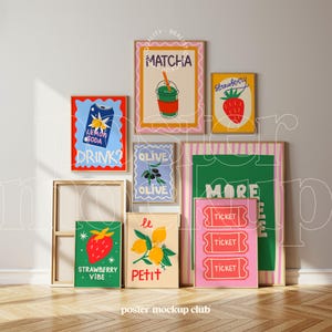 Peut inclure: Plusieurs affiches encadr&eacute;es avec des illustrations color&eacute;es. Les affiches pr&eacute;sentent du texte et des images d'aliments et de boissons, notamment du matcha, des fraises, des citrons et des olives. Les affiches sont affich&eacute;es contre un mur neutre.