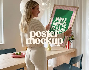 Mockup di cornice per poster con persona per arte murale (PSD, JPG)