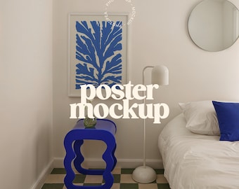 Bedroom White Frame Poster Mockup for Wall Art (PSD, JPG)
