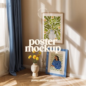 May include: Two framed posters on a wall in a room with a window and a blue curtain. The poster on the left features a green plant in a blue and white vase. The poster on the right features a woman with brown hair wearing a blue dress. The text "poster mockup" is in the center of the image.