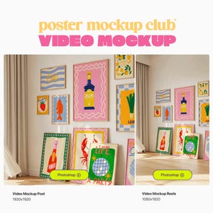 May include: A wall display of framed art prints featuring colorful illustrations. The prints include images of a bottle of rum, a strawberry, a fish, and a disco ball. The text "poster mockup club VIDEO MOCKUP" is at the top.