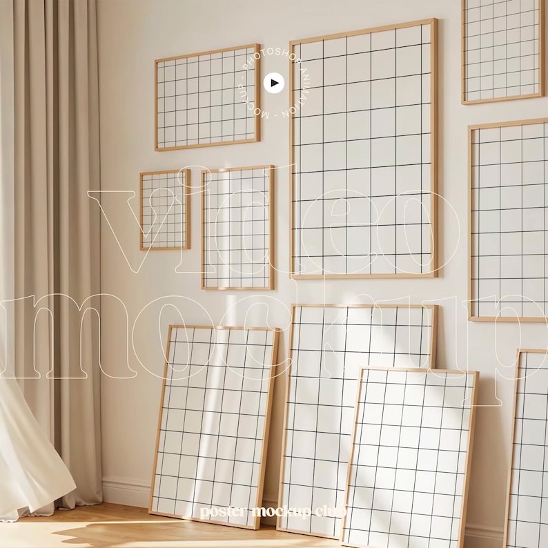 May include: A collection of framed grid art prints in various sizes. The prints feature a white background with a black grid pattern, set within light wood frames. The arrangement includes prints leaning against a wall and hanging on the wall.