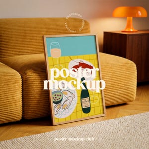 May include: A framed poster with a yellow and blue background features illustrations of food and drinks. The artwork includes a wine glass, a bottle of wine, oysters, and a lobster. The words "poster mockup" are printed in white.