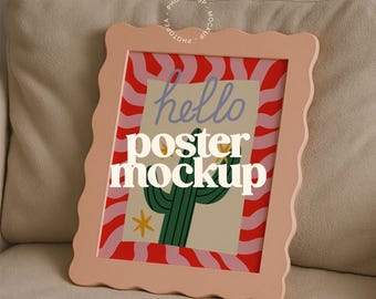 Wavy Pink Frame Poster Mockup for Wall Art (PSD, JPG)