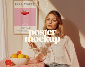 Cocktail Poster Mockup, Woman with Poster, Preppy Picture Frame, Photo Frame Mockup, Mockup Poster, Artwork Frame Mockup, DIN A4, ISO DIN