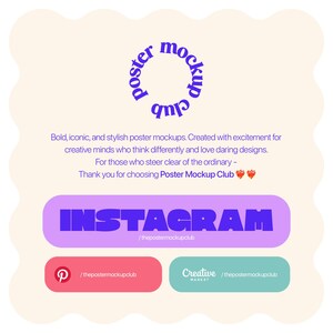 Peut inclure: Graphique beige clair avec le texte "poster mockup club" en cercle. En dessous, le mot "INSTAGRAM" en violet et des ic&ocirc;nes de m&eacute;dias sociaux pour Pinterest et Creative Market. Le texte dit "Maquettes d'affiches audacieuses, embl&eacute;matiques et &eacute;l&eacute;gantes."