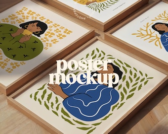 May include: Four framed posters with illustrations of people and floral designs. The posters are stacked on top of each other and have a wooden frame. The text "poster mockup" is written in large letters on the bottom poster.