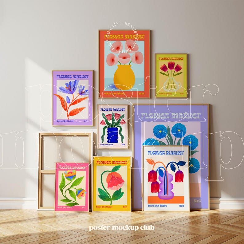 Peut inclure: Plusieurs affiches encadr&eacute;es avec des motifs floraux. Les impressions pr&eacute;sentent diverses fleurs dans des vases et des compositions abstraites, avec des couleurs orange, jaune, bleu et violet. Le texte "FLOWER MARKET" est visible sur chaque affiche.