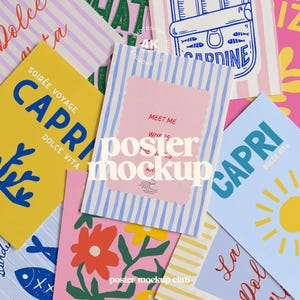 May include: A collection of rectangular posters featuring various graphic designs including a yellow Capri poster, a blue sun poster, a pink floral poster, and a blue striped poster with the text "MEET ME WHERE THE WAVES ARE".