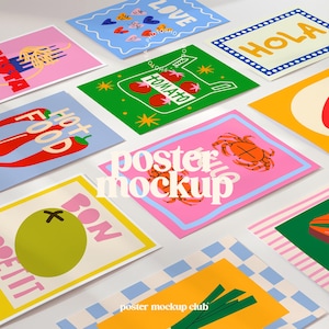 May include: A collection of colorful posters with various illustrations and text. Designs include hearts, tomatoes, crabs, and the word "LOVE." The posters are arranged on a white surface, with the words "poster mockup" and "poster mockup club" visible.