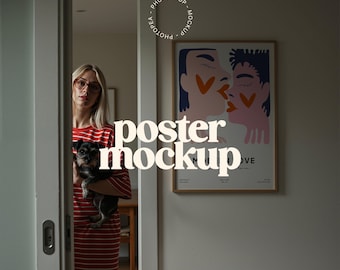 Postermodel met persoon, fotolijstmodel, mockup voor poster, muurkunstmodel met persoon, appartementmodel, woonkamermodel