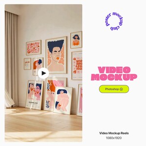 May include: A gallery wall featuring framed art prints with abstract and figurative designs in pink, orange, and blue hues. The prints are displayed in a room with a light-colored wall and wooden floor. The image also includes the text "VIDEO MOCKUP" and "Photoshop".