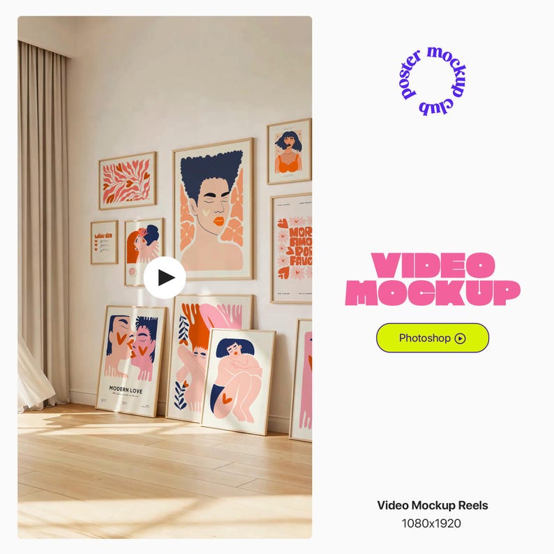 May include: A gallery wall featuring framed art prints with abstract and figurative designs in pink, orange, and blue hues. The prints are displayed in a room with a light-colored wall and wooden floor. The image also includes the text "VIDEO MOCKUP" and "Photoshop".