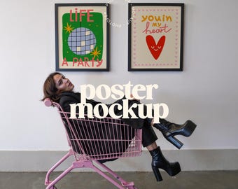 Frame Mockup with Woman, Poster Mockup with Person, Preppy Poster Mockup, Y2K Photo Frame Mockup, Pink Art Print Mockup, The Poster Club