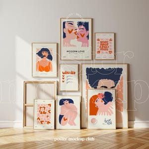 Peut inclure: Plusieurs affiches encadr&eacute;es avec des illustrations modernes. Les impressions pr&eacute;sentent des figures, des c&oelig;urs et des textes tels que "Modern Love" et "Love You". La palette de couleurs comprend des tons roses, oranges et bleus, avec des cadres dor&eacute;s.