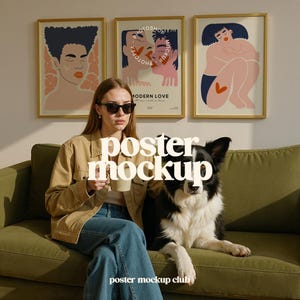 Pu&ograve; includere: Una donna e un cane seduti su un divano verde di fronte a tre poster incorniciati. I poster presentano arte astratta con un tema d'amore moderno. Il testo sui poster recita "Photoshop Mockup" e "Modern Love".