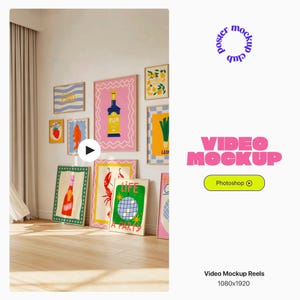 May include: A collection of framed art prints displayed on a white wall. The prints feature various colorful illustrations, including a bottle of rum, a lobster, and a disco ball. The words "LIFE" and "A PARTY" are visible on one of the prints. The image also includes the text "VIDEO MOCKUP".