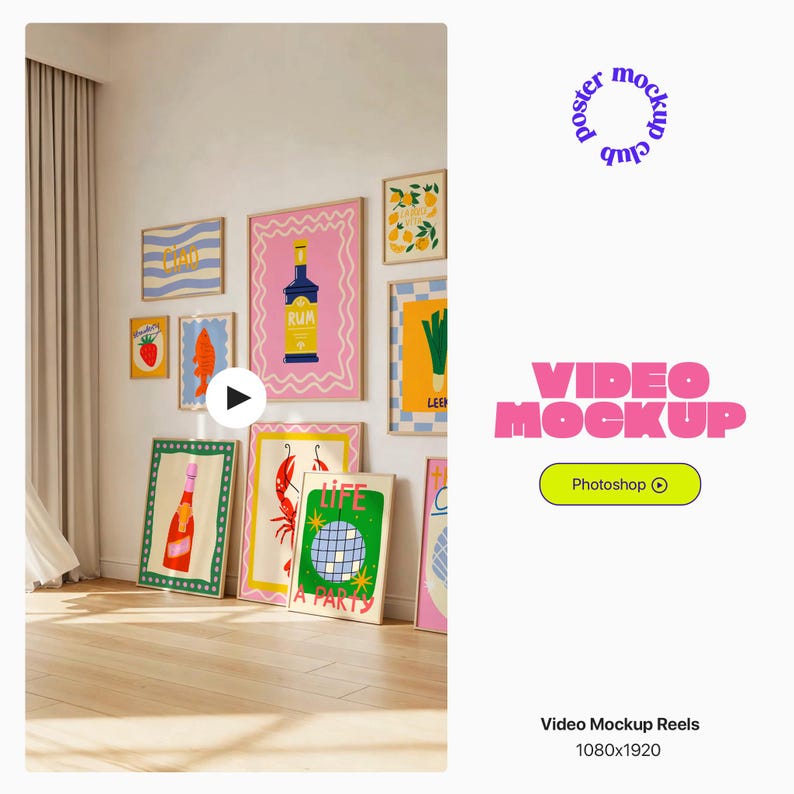 May include: A collection of framed art prints displayed on a white wall. The prints feature various colorful illustrations, including a bottle of rum, a lobster, and a disco ball. The words "LIFE" and "A PARTY" are visible on one of the prints. The image also includes the text "VIDEO MOCKUP".