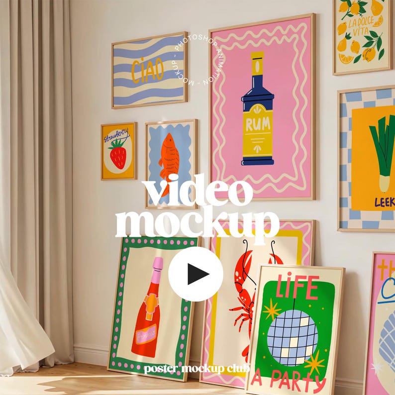 May include: A collection of framed art prints with colorful illustrations, including a strawberry, fish, and a bottle of rum. The prints are displayed on a white wall, creating a gallery-like aesthetic. The text "LIFE A PARTY" is visible on one of the prints.