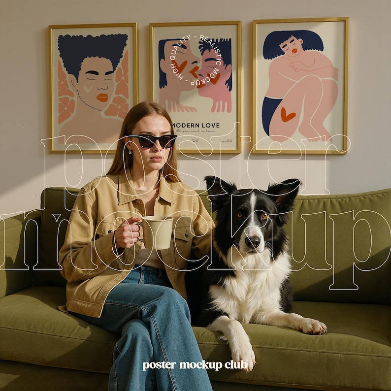 Pu&ograve; includere: Una donna con occhiali da sole e una giacca marrone &egrave; seduta su un divano verde con un cane bianco e nero. Tre poster incorniciati con arte astratta sono appesi al muro dietro di loro. I poster presentano illustrazioni colorate di persone e cuori. Il testo sul poster centrale dice "MODERN LOVE".