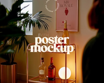 Artwork Frame Mockup, Poster Mockup PSD, Picture Frame Mockup, Cocktail Poster Mockup, Bar Mockup, Funky Picture Frame, Golden Frame Mockup