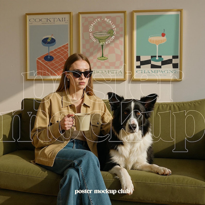 Pu&ograve; includere: Una donna con occhiali da sole e una giacca marrone &egrave; seduta su un divano verde con un cane bianco e nero. Tre poster incorniciati con illustrazioni di cocktail sono appesi al muro dietro di loro. I poster sono intitolati "Cocktail", "Margarita" e "Champagne".