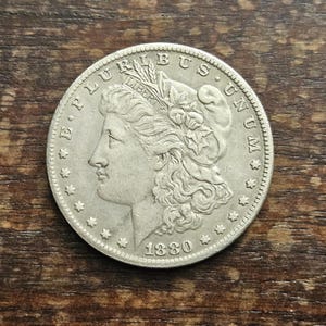 Puede incluir: Una moneda de plata Morgan de 1880, con un perfil de Lady Liberty y las inscripciones "E PLURIBUS UNUM" y "LIBERTY". La moneda tiene un diseño detallado con estrellas y una espiga de trigo.