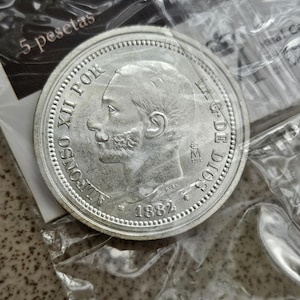 For Collectors Spanish Coin Collection 5 Pesetas 1882 Alfonso XII Madrid With Its Information Sheet Spanish Coin Spanish Coin