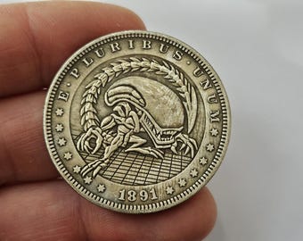 Rare 1891 US Morgan Dollar Coin with an Alien, Gifted Coin, Collection Coins, Magic Coin, Hobo Coin