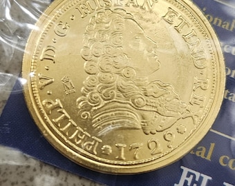 For Collectors: Spanish Collectible Coin, 8 Escudos, 1729, Philip V, Seville, with Information Sheet.