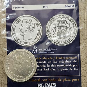 For Collectors Spanish Coin Collection 5 Pesetas 1871 Amadeo I Madrid With Its Information Sheet Spanish Coin Spanish Coin