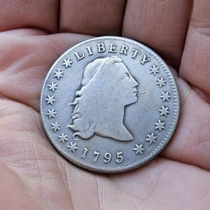 Puede incluir: Una moneda de plata de 1795, con la palabra "LIBERTY" en la parte superior y un perfil de mujer. La moneda está rodeada de estrellas y la fecha "1795" está en la parte inferior. La moneda se sostiene en una mano.