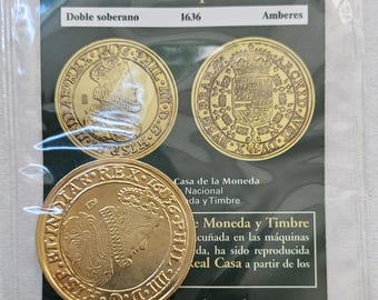 For Collectors: Spanish Double Sovereign Coin 1636 Philip IV Antwerp with information sheet.