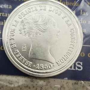 For Collectors Spanish Coin Collection 20 Reales 1850 Isabel II Seville With Its Information Sheet Spanish Coin Spanish Coin