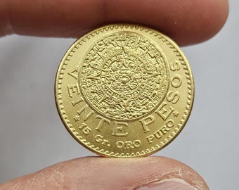 20 Pesos Mexican Empire Aztec Calendar Sun Stone 1959 / Gold Plated / Restrike