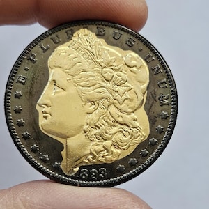 Puede incluir: Una moneda dorada con el perfil del rostro de una mujer, rodeada de texto y estrellas. La moneda tiene un borde exterior oscuro y el año 1893 es visible. La moneda está sujeta entre dos dedos.
