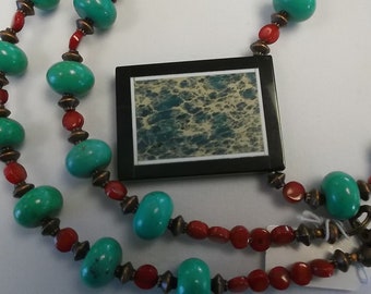 Egyptian Inspired Jasper Coral and Turquoise Pendant Necklace