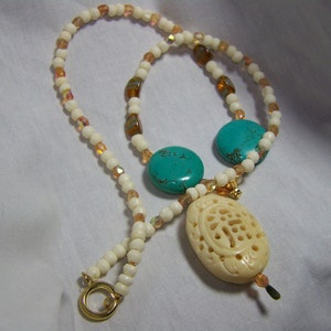 Wonderful -19 1/2 inch Bone-Turquoise Necklace with Carved Bone Pendant